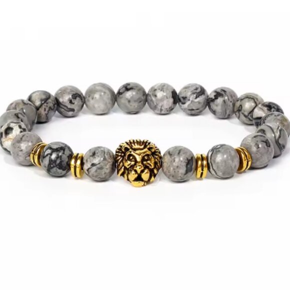 Lion Bracelet,Gemstone Lion Bracelet,8mm Beads,Golden Lion - Picture 1 of 1